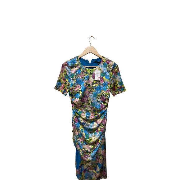 Black Halo Delina Print Ruched Midi Sheath Dress size 8 New with Tags - Picture 9 of 10